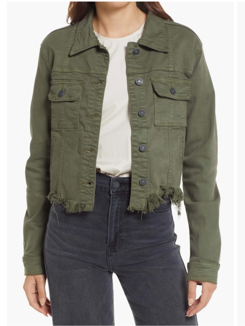 Cropped Olive Green Frayed-Hem Women's Jean Jacket
